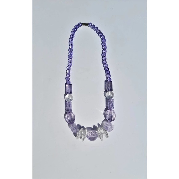 Vintage 70s Purple Clear Chunky Beaded Statement Necklace Barrel‎ Clasp - Picture 3 of 5